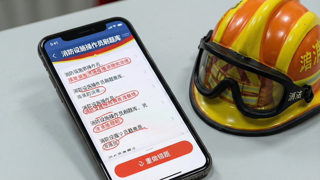一张手机屏幕特写图,显示消防设施操作员刷题库软件的错题本页面,页面中有红色标记的错题列表和“重做错题”按钮,手机旁边放着消防员头盔模型,背景为浅灰色桌面,风格写实清晰,细节丰富,画质干净,文字内容为“消防设施操作员刷题库”