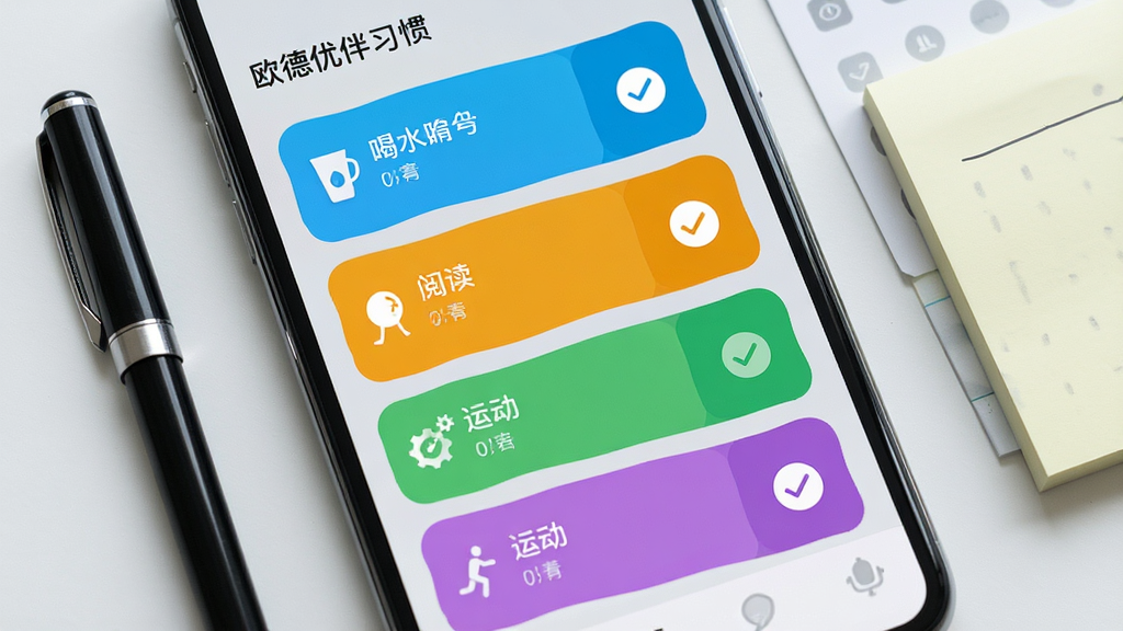手机屏幕特写展示欧德优伴习惯提醒列表,界面中有喝水、阅读、运动三个彩色提醒卡片,每张卡片带有一个勾选按钮,背景为浅灰色极简风格,旁边有一支笔和便签纸,布局规整,细节清晰,画质干净清爽