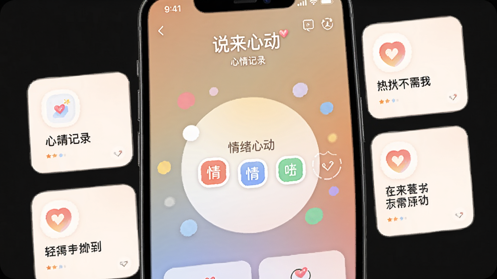 手机屏幕展示“说来心动”心情记录页面,页面中央为情绪标签选择区,周围环绕彩色圆点与简洁文字卡片,布局为上下结构,风格柔和温暖,细节包含圆角卡片、渐变背景与轻量图标,画质高清,画面干净,无多余元素