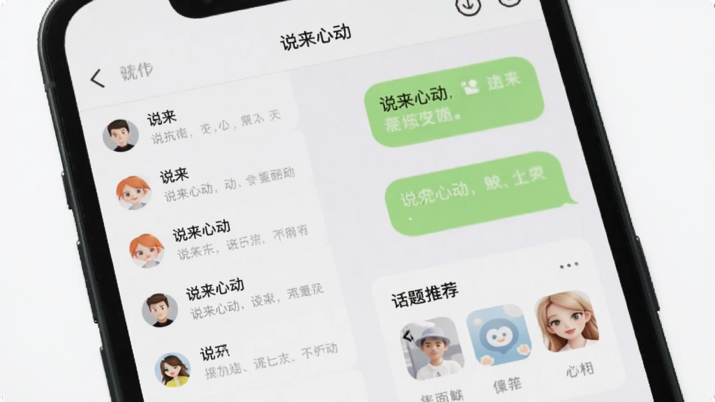 一部手机屏幕中显示“说来心动”聊天界面,左侧为对话列表,右侧为聊天气泡与话题推荐卡片,画面采用浅色背景,布局为左右分栏展示,风格清新简约,细节包含圆形头像、柔和配色与轻量图标,画质清晰,画面干净,无多余元素