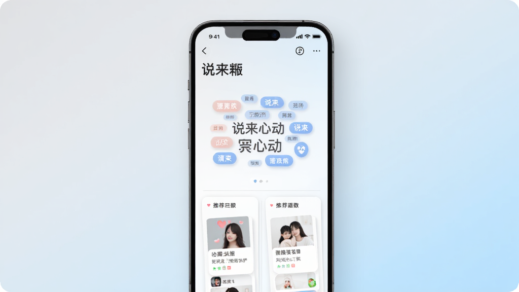 画面展示“说来心动”兴趣匹配界面,手机屏幕内为标签云与推荐卡片并列排布,背景为浅灰到浅蓝渐变,布局为居中展示,风格现代简洁,细节包含圆角标签、细线分隔与柔和投影,画质清晰,画面干净,无多余元素