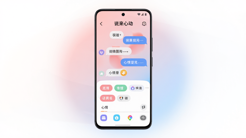 画面中央放置一部竖屏安卓手机,屏幕内展示“说来心动”应用主界面,界面包含聊天气泡、心情标签与柔和渐变背景,手机周围环绕淡粉色与浅蓝色光晕,布局采用居中对称构图,风格为清新扁平化UI展示,细节包含圆角图标、柔和阴影与简洁排版,画质高清,画面干净,无多余元素