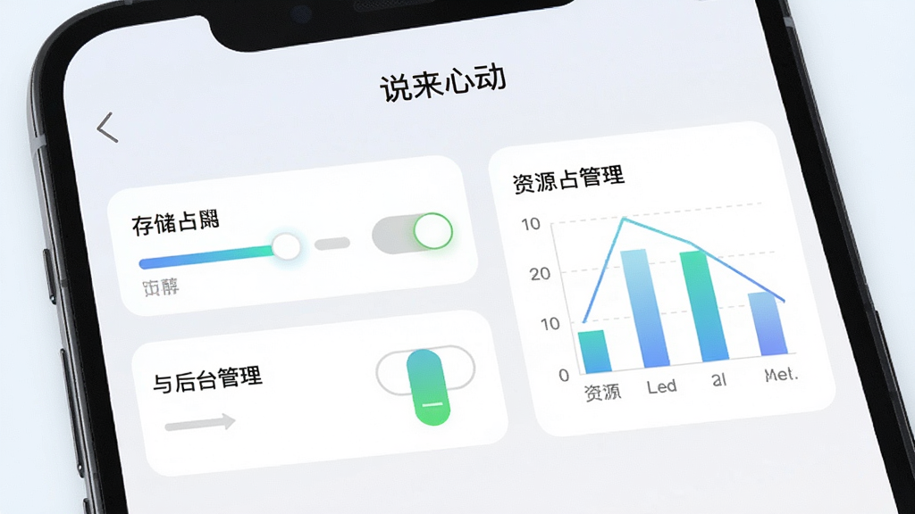 手机屏幕显示“说来心动”设置页面,页面中包含存储占用与后台管理选项,旁边配以简洁图表展示资源占用情况,布局为上下结构,风格清爽商务,细节包含进度条、开关控件与浅色背景,画质高清,画面干净,无多余元素