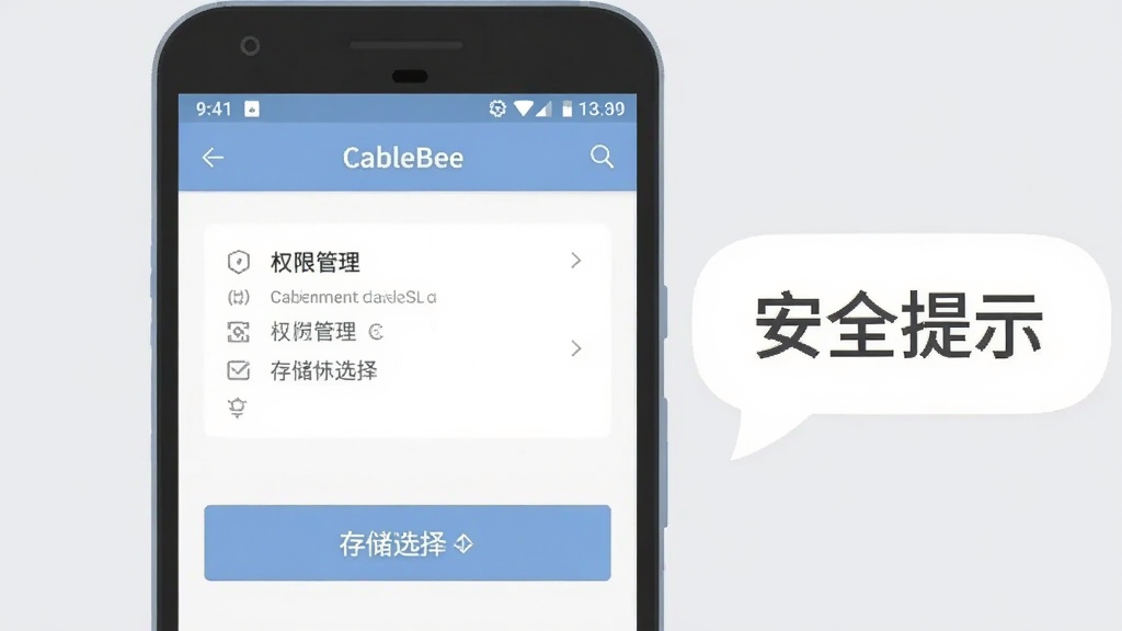 一部安卓手机屏幕显示“CableBee”设置界面,界面中有权限管理选项和存储选择按钮,旁边放置一个提示气泡写着“安全提示”,整体布局为手机居中,背景为浅灰色,风格为扁平化信息图插画,细节上界面元素清晰、气泡圆润、色彩柔和,画质干净,无多余元素