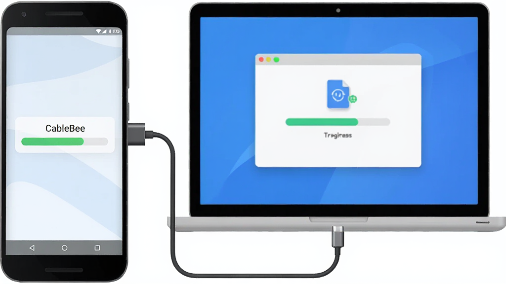 画面中一部安卓手机与一台笔记本电脑通过数据线相连,手机屏幕显示“CableBee”文件传输进度条,电脑屏幕显示对应的传输窗口,整体布局为左右分布,风格为现代简约的矢量插画,细节上数据线线条流畅、进度条清晰、设备图标简洁,画质清晰,画面干净,无多余元素