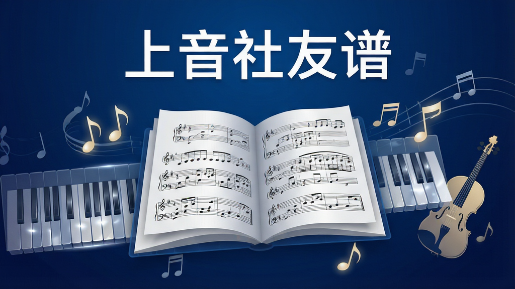 画面主体为一本翻开的电子乐谱悬浮在深蓝色渐变背景中央,乐谱页面显示五线谱与音符细节,周围环绕半透明的钢琴键盘、小提琴剪影与音符符号,布局采用中心聚焦式构图,上方留白处用白色无衬线字体书写“上音社友谱”,排版简洁大方,风格为现代科技感与音乐艺术融合的扁平化设计,细节包括乐谱纸张的柔和阴影、键盘按键的高光反射、音符的轻微发光效果,画质清晰锐利,背景干净无杂乱元素,整体色调以深蓝、银白、浅金为主