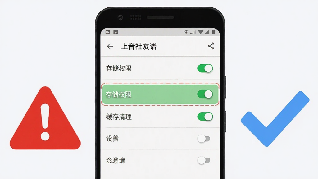 画面主体为一部安卓手机屏幕显示“上音社友谱”应用设置页面,页面中高亮标注“存储权限”与“缓存清理”两个选项,手机旁边放置一个红色警示三角图标与一个蓝色对勾图标,布局为手机居中、图标左右分布,风格为扁平化信息图风格,细节包括设置页面的列表线条、选项开关的绿色高亮、警示图标的醒目红色,画质清晰干净,背景为浅灰白色