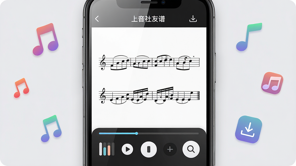 画面主体为手机屏幕特写,屏幕显示“上音社友谱”应用中的曲谱阅读界面,页面中央为清晰五线谱,底部有节拍器控制条与缩放按钮,手机周围散落几个音符图标与下载箭头符号,布局为居中对称式构图,风格为清爽的UI展示风格,细节包括屏幕玻璃反光、按钮的圆角设计、音符图标的渐变填充,画质干净锐利,背景为浅灰色纯色