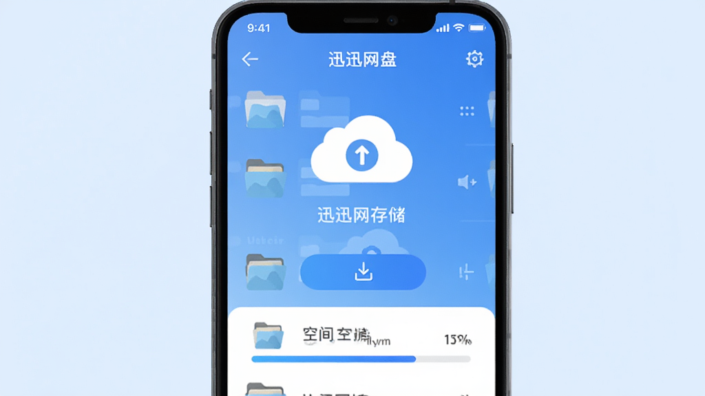 画面主体为一部智能手机屏幕,屏幕中央展示迅迅网盘存储软件的主界面,界面中包含文件列表、上传按钮与存储空间进度条,布局简洁清晰,背景为浅蓝色渐变,风格为扁平化科技风,细节上突出云端同步图标与文件夹图形,画质清晰锐利,干净无多余元素