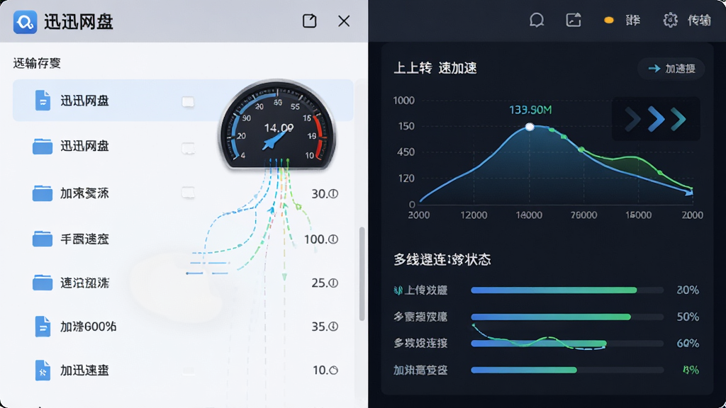画面主体为迅迅网盘存储的传输加速界面,布局上左侧显示文件列表,右侧展示上传下载速度曲线图与多线程连接状态,排版采用左右分栏结构,风格为现代简约科技风,细节包含速度仪表盘、加速箭头与数据流动线条,画质高清,干净无多余元素