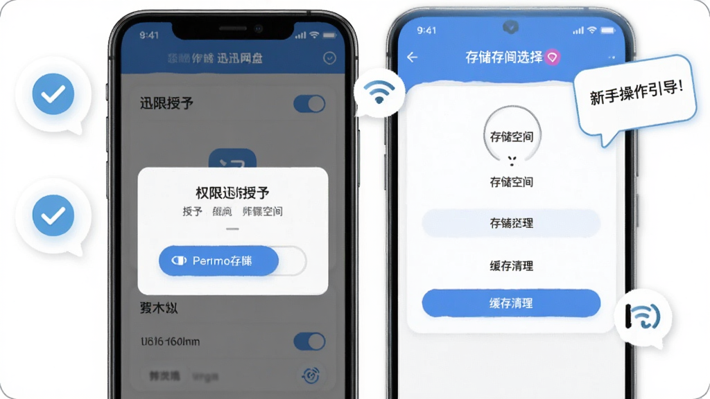 画面主体为迅迅网盘存储的新手操作引导界面,布局上手机屏幕展示权限授予弹窗与存储空间选择页面,旁边配有勾选图标与提示气泡,排版为上下结构,风格为友好引导式设计,细节包含权限开关、WiFi图标与缓存清理按钮,画质清晰,干净无多余元素