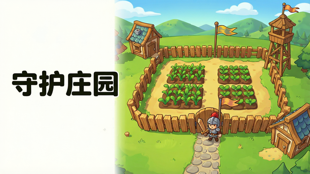画面主体是一座卡通风格的庄园全景,中央有木质围栏和几块整齐的农田,农田里种着绿色作物,庄园入口处站着一位手持木剑的守卫角色,庄园四周分布着几座小木屋和望塔,远处有连绵的绿色山丘和蓝天白云,布局采用俯视视角,画面左侧留出空白区域用于放置软件名称“守护庄园”四个大字,整体风格为清新明亮的2D卡通游戏美术风格,色彩以绿色和暖黄色为主,细节包括木纹围栏、石块小路、飘动的旗帜,画质清晰干净,无多余杂乱元素