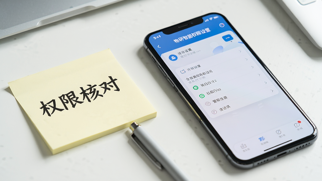 画面主体为一部手机放置在桌面,屏幕显示物研智能权限设置页面,旁边放置一张写有“权限核对”字样的便签纸与一支笔,构图采用斜侧视角、手机位于画面右侧三分线处,风格为生活化办公场景,细节上屏幕内容清晰、便签纸文字可辨,画质明亮、干净、无多余元素