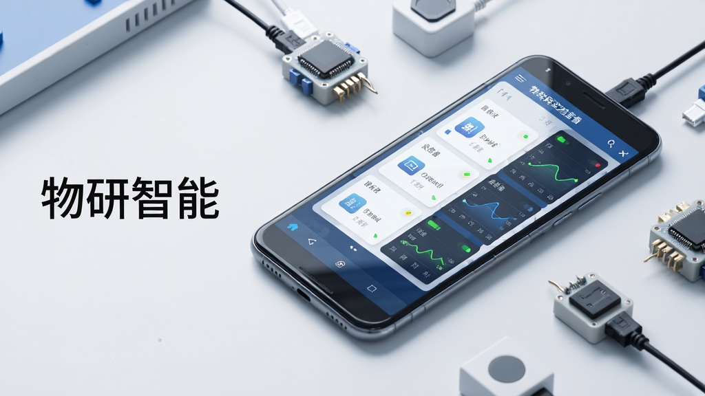 画面主体为一台安卓手机横向放置于浅色实验台面,手机屏幕显示物联网实验室设备管理界面,包含设备卡片、数据曲线与状态指示灯,手机周围布置小型传感器模块与连接线,画面采用俯视45度构图,左侧留白放置软件名称“物研智能”文字,整体风格为清爽科技感,配色以蓝白灰为主,细节上屏幕反光自然、设备图标清晰,画质高清、干净、无多余元素