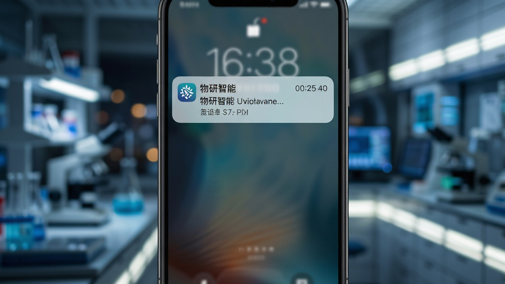 画面主体为手机锁屏界面弹出通知卡片的场景,通知内容显示设备异常提醒,背景为模糊的实验室夜景灯光,构图以手机为视觉中心、左右对称留白,风格为写实科技风,细节上通知卡片带有软件图标与“物研智能”字样、时间戳清晰,画质高清、干净、无多余元素