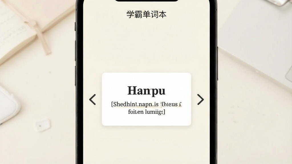 一张展示学霸单词本单词卡片交互界面的图片,手机屏幕上显示一个英文单词和释义,左右两侧有滑动箭头指示,界面上方标注