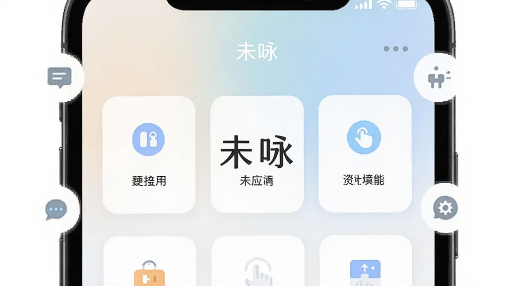 一张展示未咏应用主界面的手机屏幕特写,画面中央是简洁的卡片式功能入口,背景为浅色渐变,周围环绕着代表便捷操作的小图标,整体风格清爽现代,画质清晰,干净无多余元素,屏幕中显示文字“未咏”