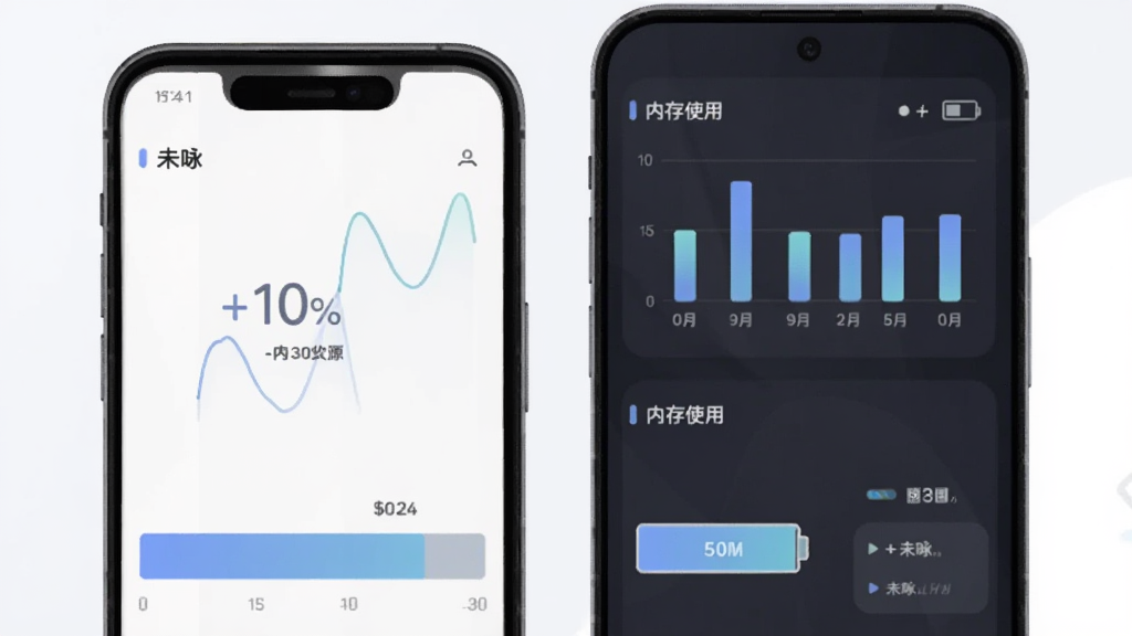 未咏应用的后台资源占用示意图,手机屏幕显示电池与内存使用统计图表,未咏的占用条处于较低水平,画面风格为简洁的数据可视化,配色柔和,干净清晰