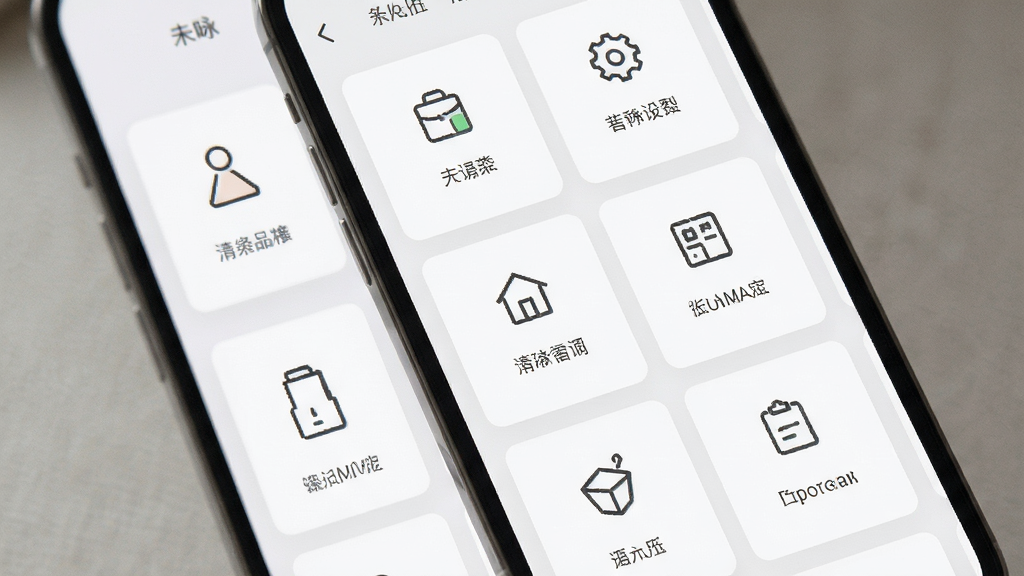 未咏应用的界面布局示意图,手机屏幕中展示整齐排列的功能卡片,每张卡片带有简洁图标与短文字标签,整体排版疏朗有致,风格清新素雅,画质细腻,干净无杂乱元素