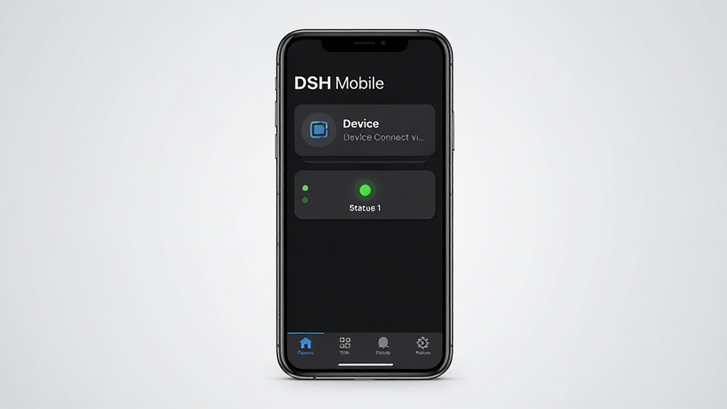 一张展示DSH Mobile软件主界面的手机屏幕截图风格图片,画面中央是一部竖屏智能手机,屏幕上显示软件深色主题的操作界面,顶部有软件名称DSH Mobile字样,中部是设备连接卡片和状态指示灯,底部是功能导航栏,背景为简洁的浅灰色渐变,整体风格干净现代,画质清晰,无多余元素