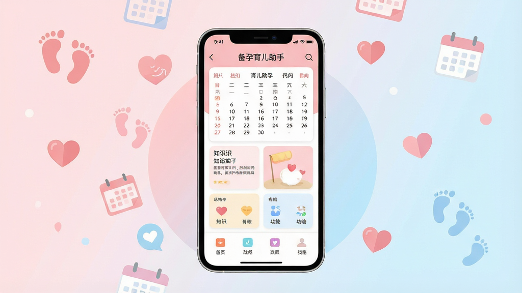 一张展示备孕育儿助手软件主界面的手机应用截图风格插画,画面中央是一部竖屏智能手机,屏幕内显示备孕育儿助手应用首页,包含日历记录、知识卡片与功能图标布局,手机周围环绕柔和浅粉色与浅蓝色渐变背景,点缀简约的孕育主题小图标如小脚印、爱心、日历符号,整体风格清新干净,扁平化设计,画质清晰,无多余元素,文字内容以“备孕育儿助手”呈现