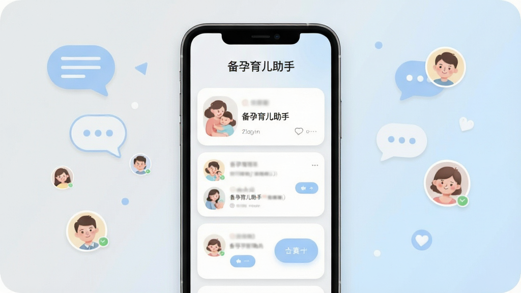 备孕育儿助手社区交流板块界面展示图,手机屏幕内显示帖子列表与互动按钮,界面采用柔和圆角卡片设计,背景为浅灰与淡蓝渐变,点缀对话气泡与用户头像元素,整体风格亲切自然,画质干净,画面中标注“备孕育儿助手”