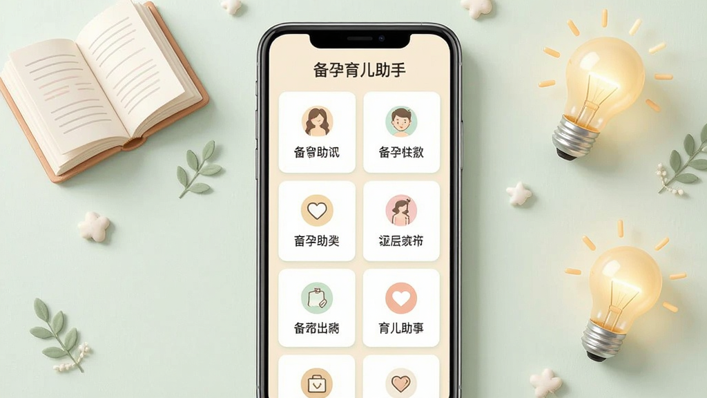 备孕育儿助手知识内容库界面示意图,手机屏幕内展示分类知识卡片列表,卡片上带有简洁图标与标题文字,背景为浅色系,周围点缀书本与灯泡元素,整体风格温和清新,布局规整,画质清晰,画面中呈现“备孕育儿助手”字样