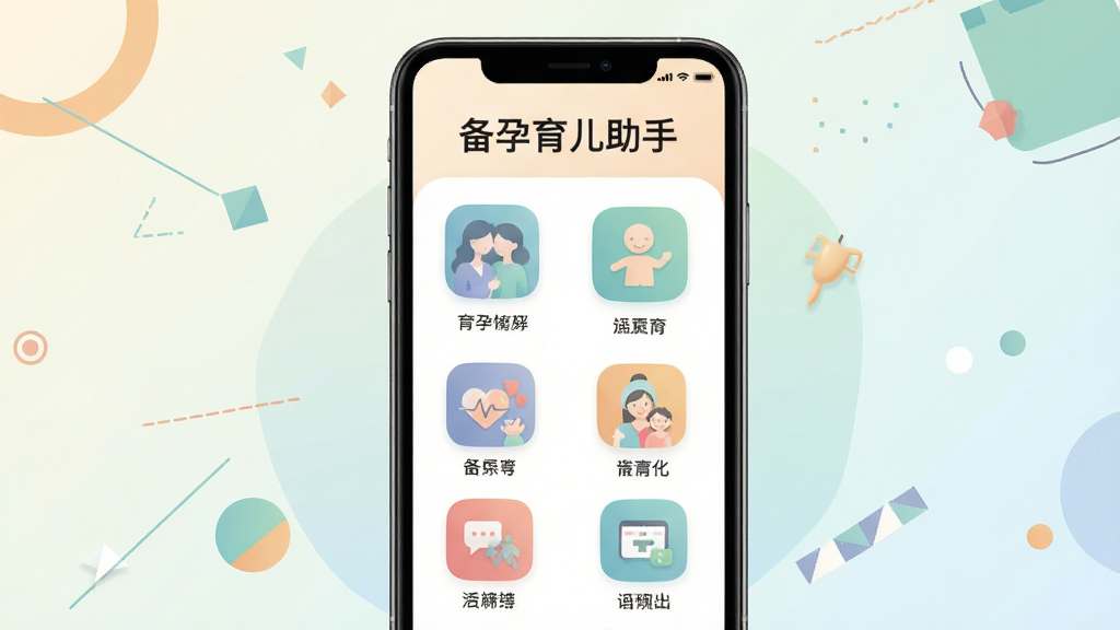 备孕育儿助手实用工具集合界面图,手机屏幕中展示多个功能图标网格布局,图标风格统一为扁平化设计,背景为浅色渐变,周围环绕简约几何装饰元素,整体画面整洁有序,画质清晰,画面内呈现“备孕育儿助手”文字