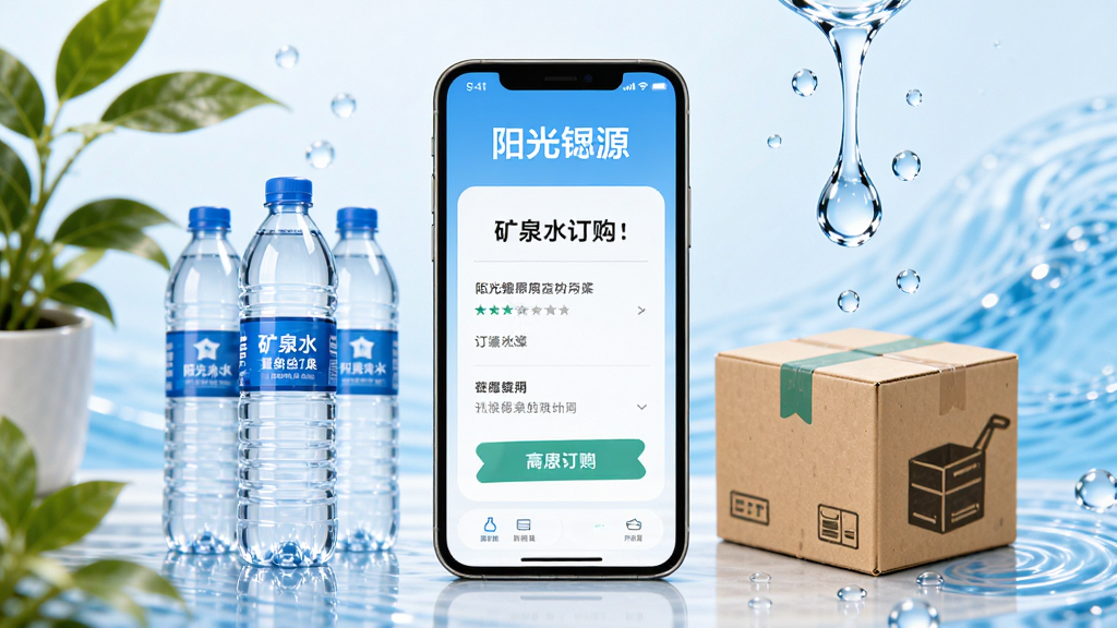 阳光锶源应用主界面展示,画面中央为手机屏幕显示矿泉水订购页面,周围环绕矿泉水瓶、配送箱与水滴滴落元素,布局采用居中构图,风格清新自然,细节包含绿色植物与蓝色水波纹理,画质清晰干净,无多余元素