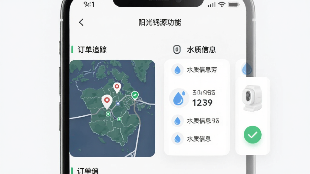 阳光锶源功能界面展示,画面为手机屏幕分栏呈现订单追踪地图与水质信息卡片,布局为左右分屏结构,风格简约商务,细节包含定位图标、水滴图标与绿色对勾标记,画质清晰干净,无多余元素