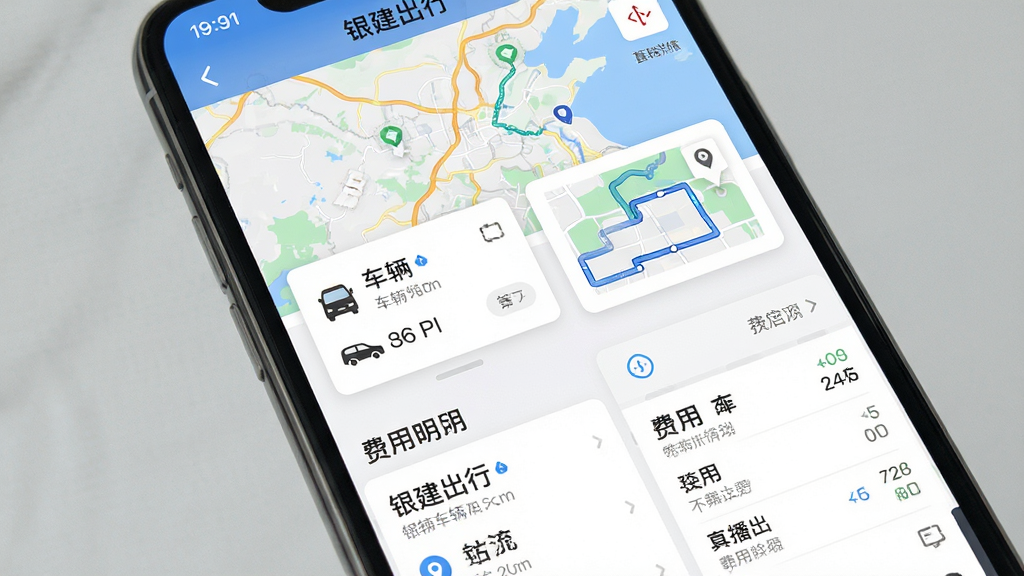 主体为手机界面特写,屏幕显示行程详情页,包含车辆信息卡片、路线地图与费用明细列表,布局为上下分栏结构,上方为地图区域下方为信息列表,风格为简洁UI展示风,细节强调卡片式设计与清晰文字层级,画质干净清晰,画面中可出现“银建出行”文字,无杂乱背景元素