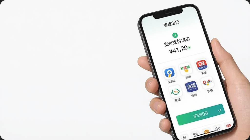 主体为一只手握持手机,屏幕显示支付成功页面与多种支付方式图标,布局为手部与手机占据画面右侧、左侧留出浅色背景区域,风格为生活化产品摄影插画风,细节包含支付按钮、金额数字与勾选标记,画质清晰干净,画面中可出现“银建出行”文字,整体画面简洁无多余元素