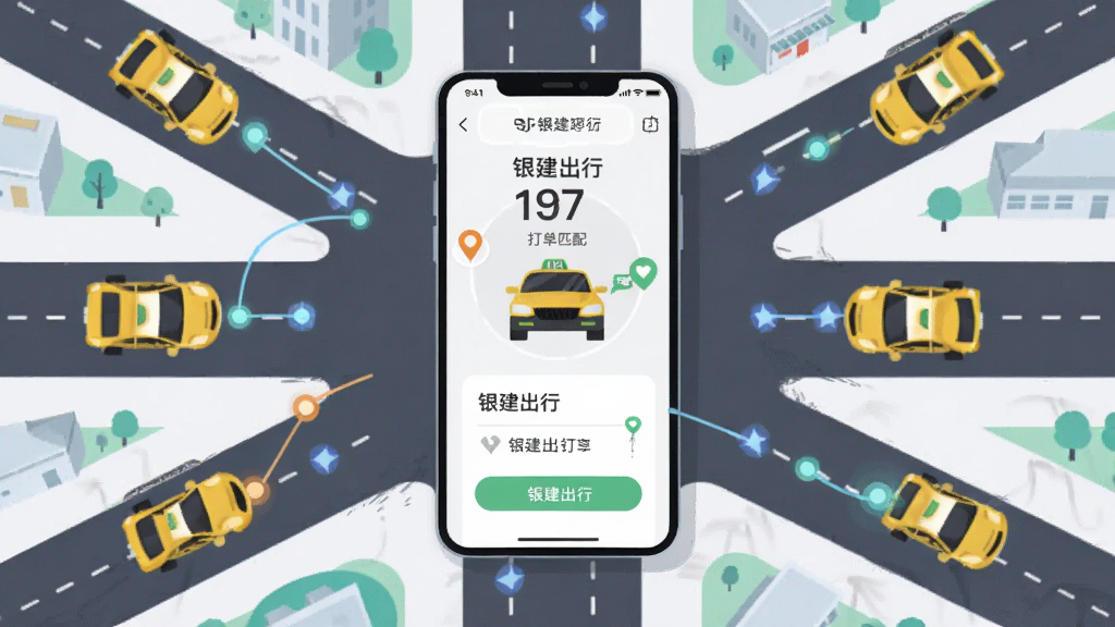 主体为城市街区俯视图,画面中央一部手机屏幕显示打车订单匹配动画,周围分布多辆出租车图标与定位光点,布局为手机居中、车辆环绕的放射状构图,风格为现代扁平插画,细节包含道路网格、车辆与连接线,画质清晰干净,画面中可出现“银建出行”文字,无多余装饰元素
