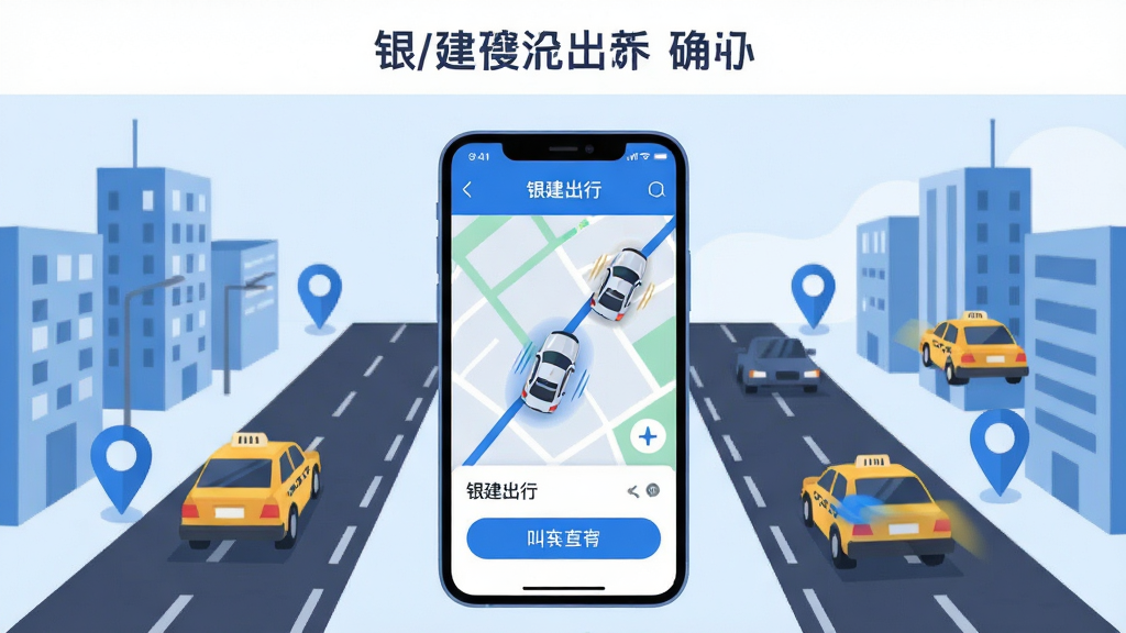 主体为一部智能手机置于画面中央,屏幕显示蓝白色调的打车软件界面,界面中包含地图、车辆图标与叫车按钮,手机周围环绕城市道路、出租车与定位标记等元素,布局采用居中对称的构图方式,上方留白放置标题区域,风格为清爽扁平化科技插画风,细节上突出地图路线与车辆动态,画质清晰干净,画面中可出现“银建出行”文字,整体无多余杂乱元素