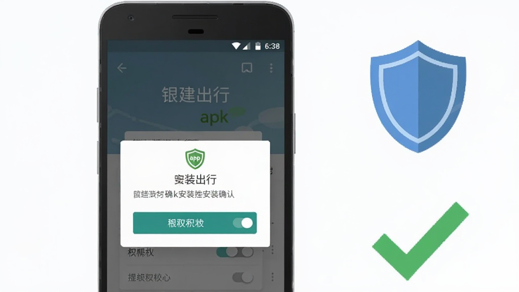 主体为一部安卓手机与安装进度界面,手机屏幕显示apk安装确认弹窗,旁边放置盾牌图标与勾选标记,布局为手机居中偏左、右侧留白放置图标元素,风格为扁平化教程插画风,细节强调安装按钮与权限开关,画质清晰干净,画面中可出现“银建出行”文字,背景为浅色纯色,无多余装饰