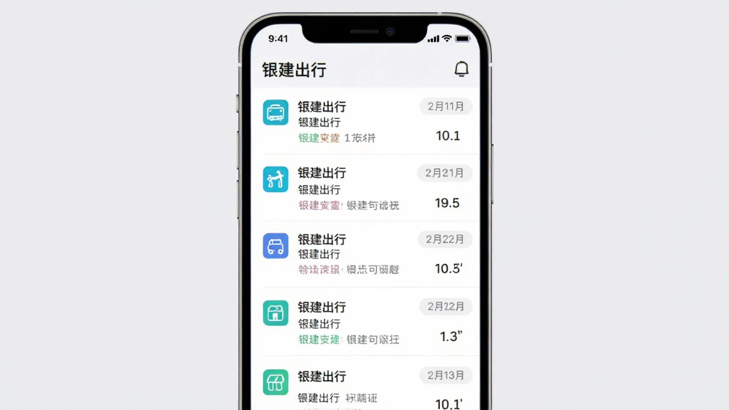 主体为手机屏幕显示历史行程列表界面,列表中包含多条订单记录与日期标签,布局为纵向列表式构图、手机居中展示,风格为清新浅色UI风,细节强调列表分隔线与图标标识,画质清晰干净,画面中可出现“银建出行”文字,背景为浅灰纯色,无多余元素