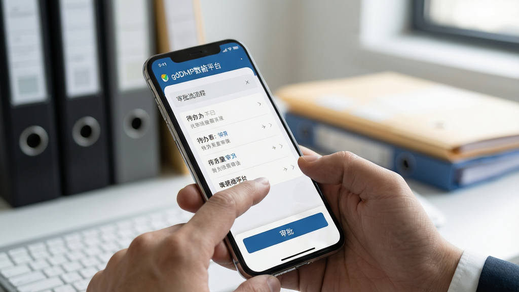 一张展示移动办公审批场景的图片,画面主体为一只手握着智能手机,屏幕中显示gdDMP数智平台的审批流程界面,包含待办列表和审批按钮,手机后方虚化处理显示办公桌和文件夹,布局为前景清晰后景虚化的特写构图,风格为写实商务摄影风,细节包括手指触控动作、屏幕高光和界面元素层次,画质细腻,画面干净,无多余装饰