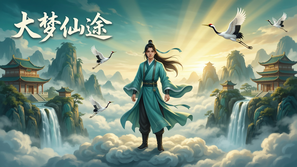 一幅国风修仙主题插画,画面中央是一名身着青衫的年轻修士立于云海之上,身后是层叠的仙山楼阁与飞瀑流泉,天空中有仙鹤盘旋,远处霞光万道,画面左上角以书法字体书写“大梦仙途”四字,整体风格为唯美东方奇幻,色彩以青绿与金色为主调,布局采用中心对称构图,细节丰富,画质高清,画面干净无多余元素