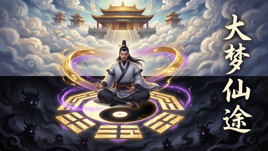 一幅修仙轮回主题画面,画面中一名修士盘坐于太极八卦阵中央,周身环绕金色与紫色的轮回光带,背景分为上下两层,上层为仙宫祥云,下层为幽冥暗影,画面右侧竖排书写“大梦仙途”四字,风格为东方玄幻插画,布局采用上下分层构图,细节精致,画质高清,画面干净整洁