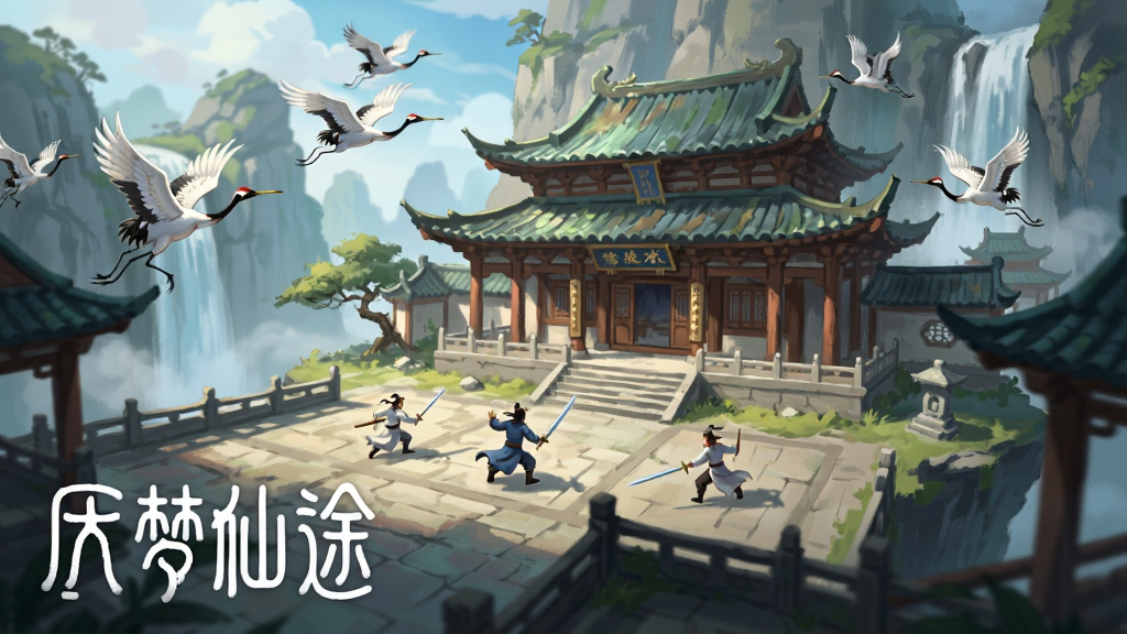 一幅修仙门派场景插画,画面中央是一座建在悬崖上的中式门派大殿,殿前广场上有数名修士正在练剑,周围有灵鹤飞舞与瀑布垂落,画面左下角以篆体书写“大梦仙途”四字,风格为清新国风游戏场景,布局采用远近景层次构图,细节丰富,画质高清,画面干净无杂乱元素