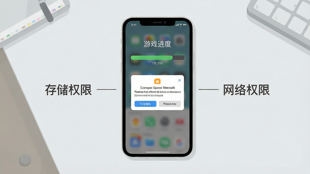 一幅手机游戏安装设置示意图,画面中一部智能手机屏幕显示游戏安装进度条与权限请求弹窗,旁边配以简洁的文字标注“存储权限”“网络权限”,背景为浅灰色桌面,风格为扁平化信息图,布局采用中心手机加四周标注的构图,细节清晰,画质高清,画面干净无多余装饰