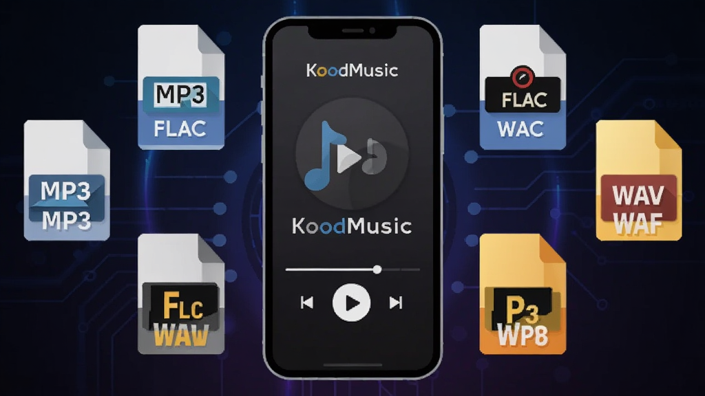 手机屏幕展示KoodMusic播放界面,屏幕周围环绕MP3、FLAC、WAV等格式标签图标,背景为深色科技感渐变;扁平插画风格,主体突出,细节清晰,画质干净,无多余装饰