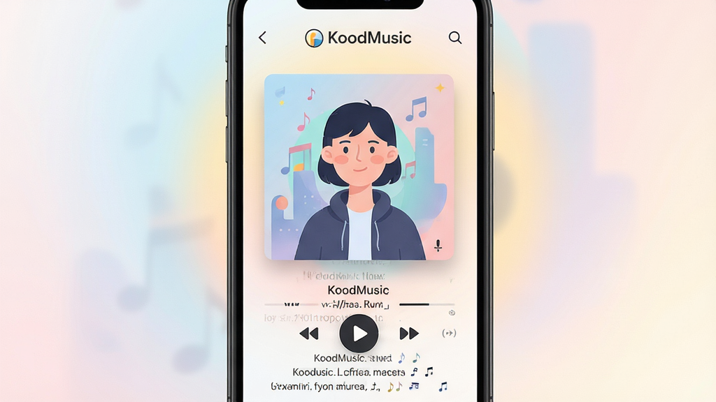 手机屏幕呈现KoodMusic播放页,大尺寸专辑封面居中,下方滚动显示歌词文字,背景为柔和渐变光晕;扁平插画风格,布局居中,细节柔和,画质高清,画面干净无杂物