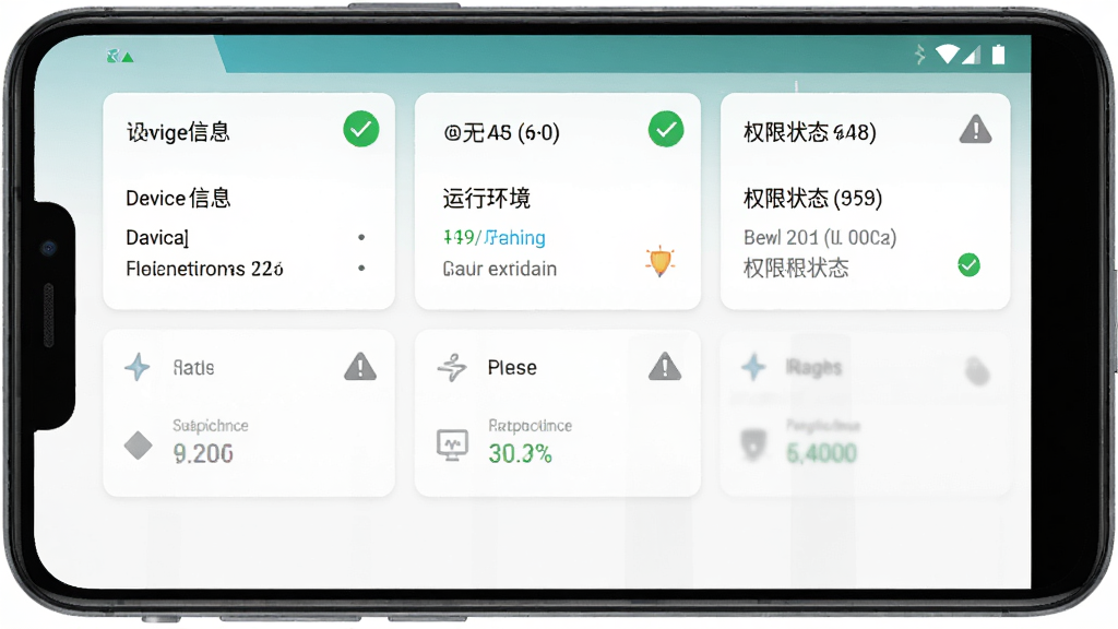 极光开发助手软件主界面全貌展示,主体为一部安卓手机屏幕,屏幕内呈现卡片式布局的环境检测面板,包含设备信息、运行环境、权限状态三个模块,排版整洁清晰,风格为现代科技感扁平化设计,细节包含绿色对勾图标与灰色警示标识,画质清晰锐利,干净无多余元素