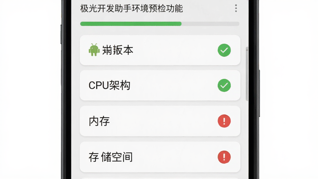 极光开发助手环境预检功能界面,手机屏幕显示检测进度条与设备参数列表,安卓版本、CPU架构、内存、存储空间四项指标以卡片形式排列,每项右侧配有绿色对勾或红色感叹号标识,整体风格清爽简约,画质干净清晰
