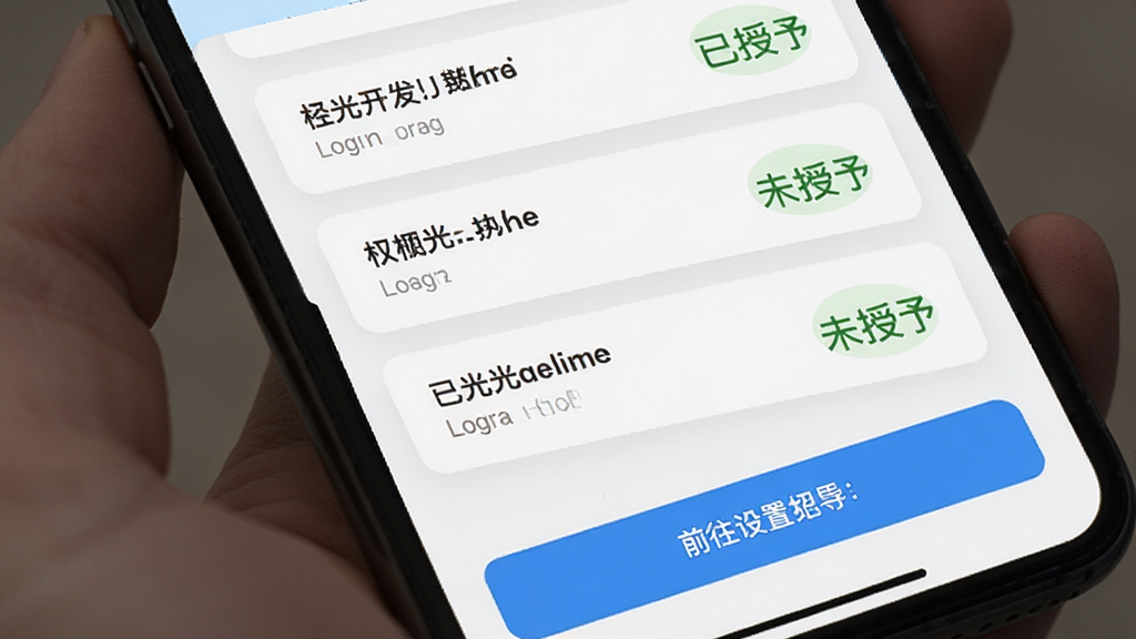 极光开发助手权限管理界面,手机屏幕展示权限列表,每项权限名称旁标注已授予或未授予状态,底部有前往设置的引导按钮,界面风格为浅色卡片式设计,画质清晰,布局规整,无杂乱元素