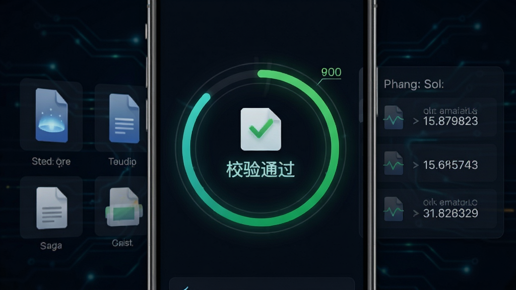 极光开发助手安装包校验功能界面,手机屏幕中央显示文件校验进度环与“校验通过”字样,背景为深色科技风格,细节包含文件图标与哈希值缩略显示,画质锐利干净
