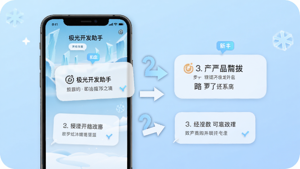 极光开发助手在新手引导页面的操作示意图,手机屏幕显示分步操作提示气泡与箭头指引,背景为浅蓝色渐变,风格简洁友好,画质清晰干净