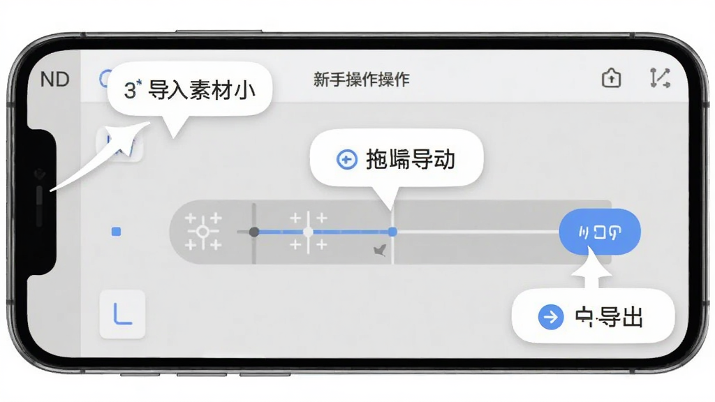 ND Nex 新手操作引导页面,手机屏幕显示分步提示气泡,依次指向导入素材、拖动时间轴、点击导出三个位置,背景为浅灰工作区,风格简明清晰,画质干净无多余元素