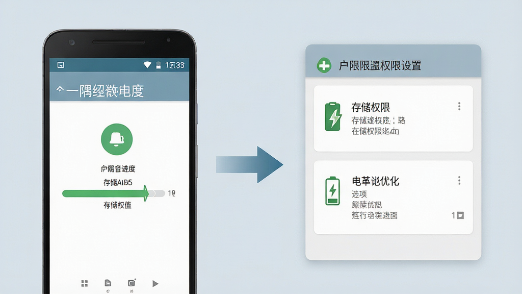 一张表现一隅听音安装与权限设置引导的示意图,画面左侧为一部安卓手机显示安装进度界面,右侧为权限设置页面的示意卡片,卡片上标注存储权限与电池优化选项;中间以箭头连接,背景为浅灰蓝色,整体风格为信息图式排版,元素简洁清晰,文字以图形化示意呈现,画质干净高清,无多余装饰元素